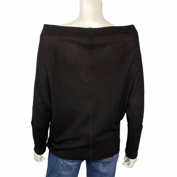 Umgee Black Waffle Knit Off Shoulder Long Sleeve Batwing Boho Top Size S - Picture 4 of 7